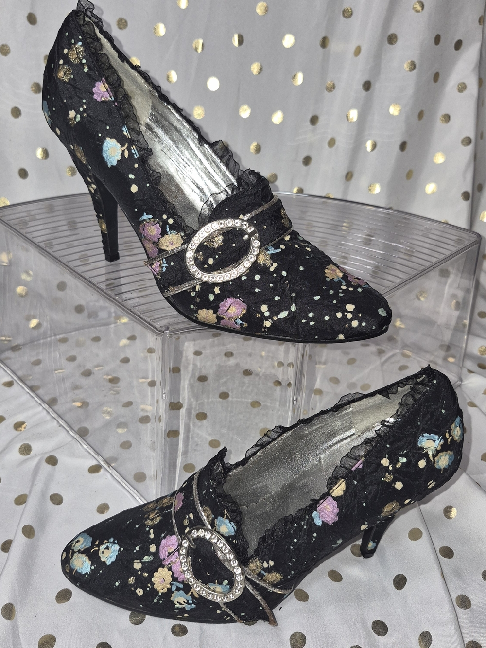 Ellie Black Floral Rhinestone Buckle Pump